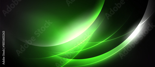 Abstract green lines curve across black background. Bright glow emanates from center, creating dynamic visual effect. Smooth gradients present.