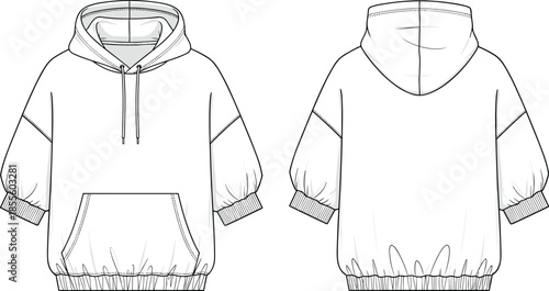 Hooded sweatshirt technical sketch, fashion illustration, kangaroo pocket, ribbed cuffs, relaxed fit, drawstring hood, vector front back view