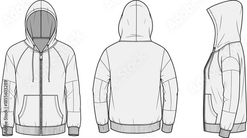 Hooded sweatshirt fashion sketch, zip front, drawstring hood, ribbed cuffs and hem, garment design, vector multi-view illustration