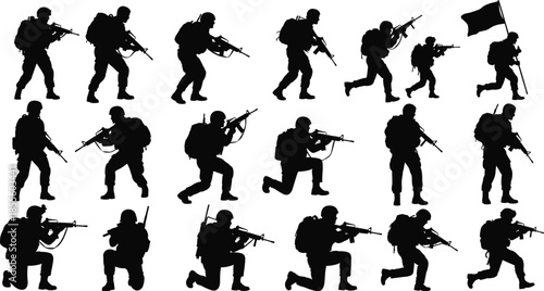 Black silhouette vector illustration of armed soldiers in tactical combat poses with rifles, backpacks, flag, military teamwork and defense