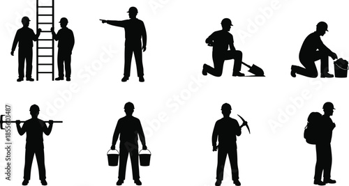 Black silhouette vector illustration of construction workers performing manual labor tasks with tools, ladder, shovel, buckets, teamwork industrial artwork design
