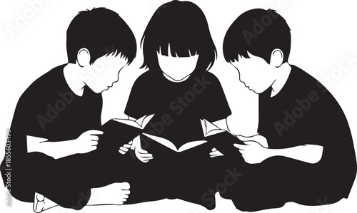 Three children in silhouette reading a book together