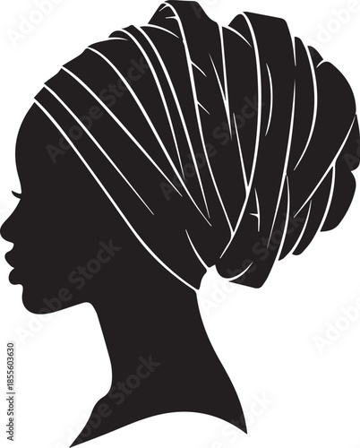 Silhouette of a black woman wearing a vibrant headwrap
