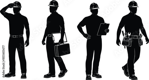 Black silhouette vector illustration of construction workers with hard hats, tools, briefcase, clipboard, teamwork, engineering, building industry concept