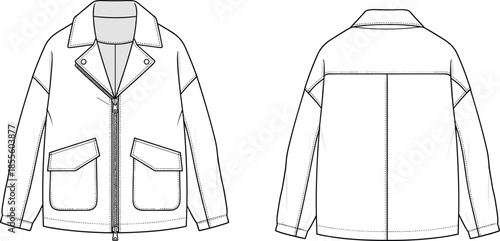 Jacket technical sketch, fashion illustration, front back view, notched collar, zipper closure, flap pockets, garment design, vector art