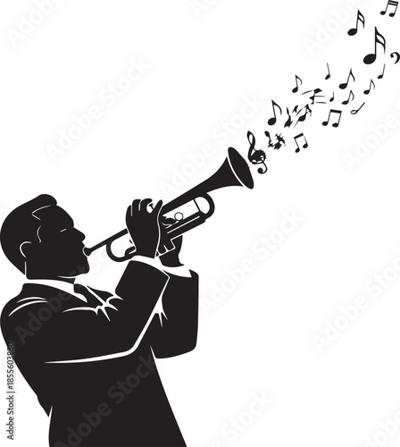 Silhouette of a man playing a trumpet with musical notes emanating from the bell