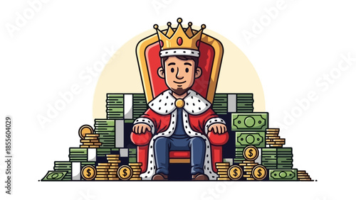 A cartoon king sits on a throne surrounded by stacks of money and coins, symbolizing wealth and power.