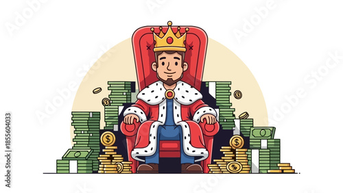 A cartoon king sits on a throne surrounded by stacks of money and gold coins.