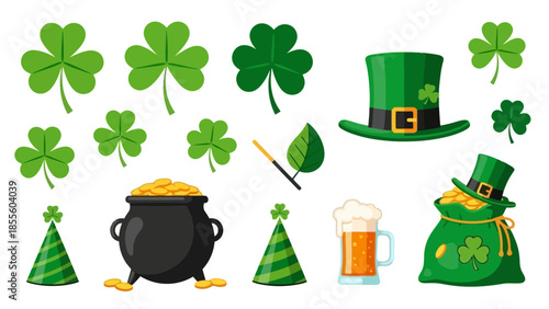 A collection of St. Patrick's Day themed illustrations including shamrocks, a pot of gold, a leprechaun hat, and a mug of beer.