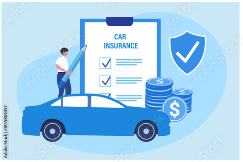 Car Insurance service. Man Buying Car Insurance and Signing Form. vector illustration