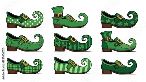 Nine green leprechaun shoes with different patterns and designs, perfect for St. Patrick's Day celebrations.