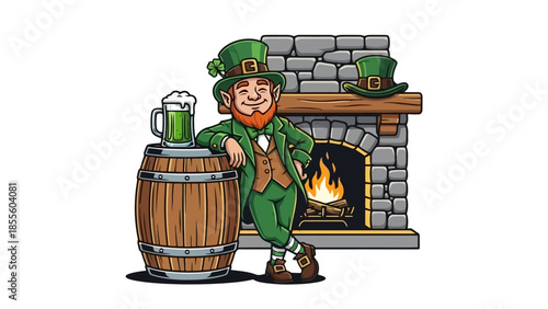 A cheerful leprechaun in green attire leans against a wooden barrel with a frothy green beer mug beside him, in front of a stone fireplace with a roaring fire.