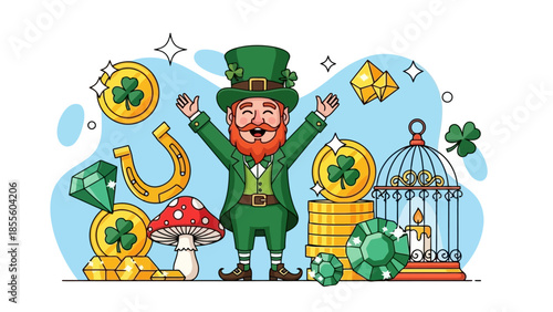 Leprechaun with treasures, gold coins, horseshoe, shamrocks, mushroom, and birdcage.