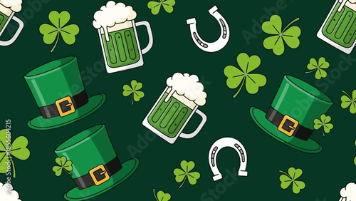 A festive St. Patrick's Day themed seamless pattern featuring green leprechaun hats, frothy green beer mugs, and lucky four-leaf clovers on a dark green background.