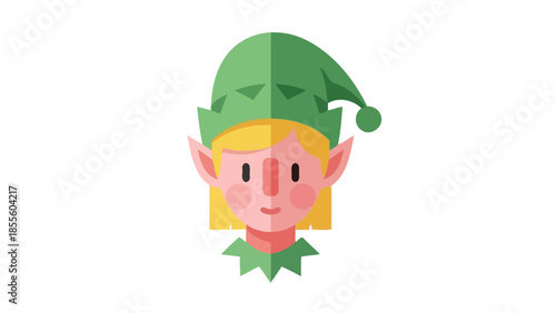 A stylized, flat illustration of an elf's face with blonde hair and a green pointed hat.
