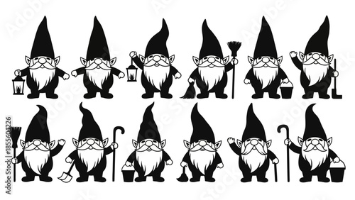 Black and white illustration of garden gnomes in various poses, holding tools and accessories.
