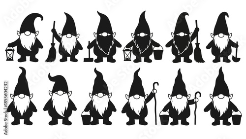 Silhouette illustration of gnomes with various tools and accessories.