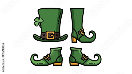 Illustration of a green leprechaun hat with a shamrock and two pairs of green boots.