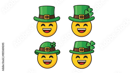 Four smiling emoji faces wearing green hats, some with shamrocks, celebrating St. Patrick's Day.