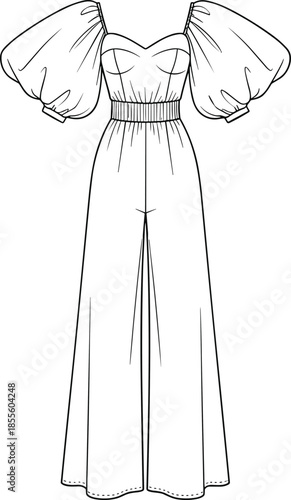 Jumpsuit fashion sketch, sweetheart neckline, puff sleeves, wide-leg pants, fitted bodice, technical illustration, garment design vector view