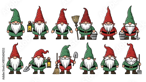 Cartoon gnomes with hats and beards, some holding tools.