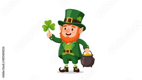 A cheerful leprechaun in a green suit holding a shamrock and a pot of gold.