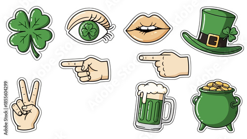 Collection of St. Patrick's Day themed stickers, including clovers, eyes, lips, hats, hands, beer, and a pot of gold.