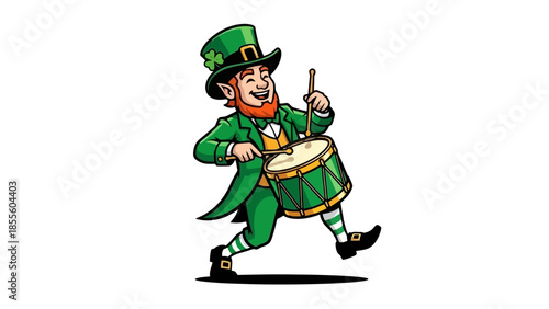 A cheerful leprechaun in a green suit playing a snare drum while marching.