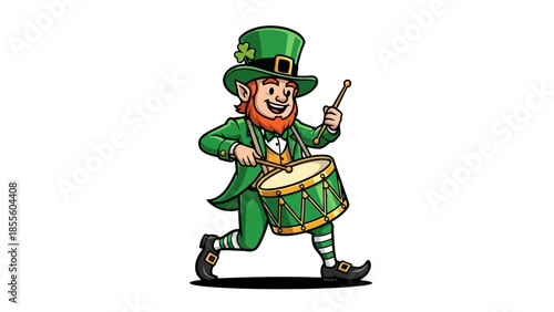 A cartoon leprechaun in a green suit and hat playing a drum.