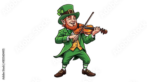 A cheerful leprechaun wearing a green suit and hat, playing a violin with glee.