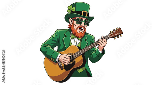 Leprechaun playing guitar, wearing green suit and hat with shamrock.
