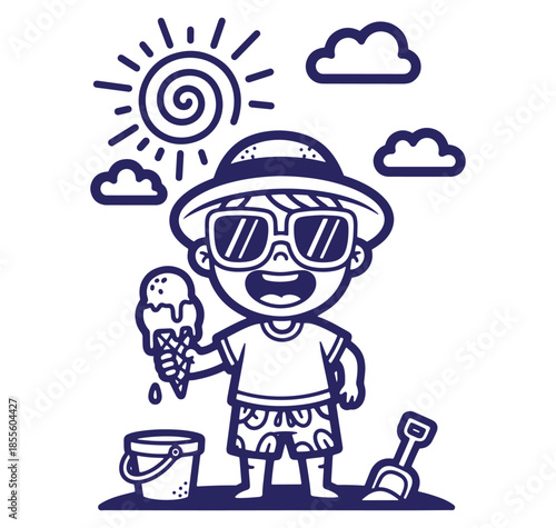 Cheerful child enjoying ice cream on a sunny beach day with clouds and sand pail