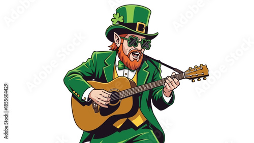 Leprechaun playing guitar, wearing green suit and hat with shamrock.