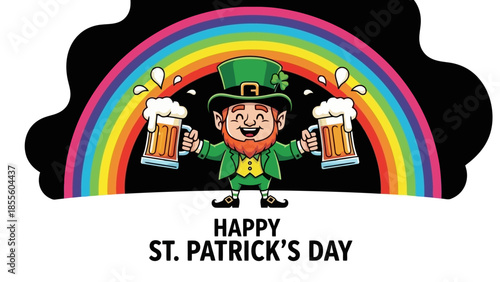 A cheerful leprechaun holding two frothy mugs of beer under a vibrant rainbow, celebrating St. Patrick's Day.