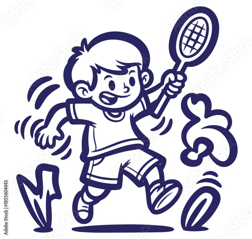 Cheerful illustration of a boy playing tennis with a racket and a happy expression