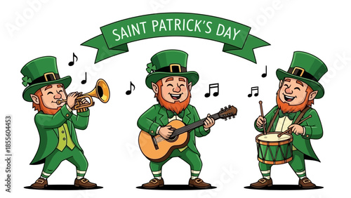 Three cheerful leprechauns in green outfits playing musical instruments and celebrating Saint Patrick's Day with music and joy.