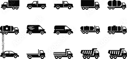 Black silhouette vector illustration of multiple vehicles including trucks, vans, sedans, dump trucks, tanker trucks, transport icons automotive artwork design