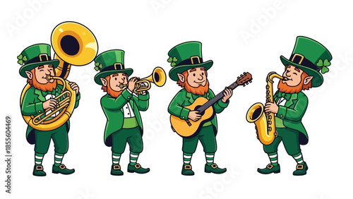 Illustration of a band of leprechauns playing various musical instruments, celebrating St. Patrick's Day.