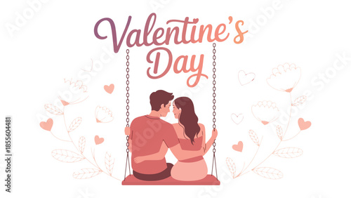 Valentine's Day Love: A romantic couple embraces on a swing, surrounded by floral elements and hearts, with 'Valentine's Day' gracefully displayed above, embodying the spirit of love and affection.