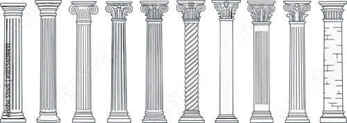 Classical architectural column illustrations set, ancient Greek Roman pillars vector collection for design projects branding