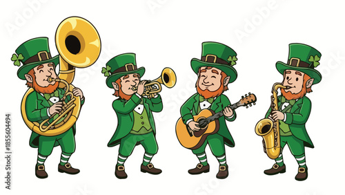 Four cartoon leprechauns in green outfits playing musical instruments, celebrating St. Patrick's Day.