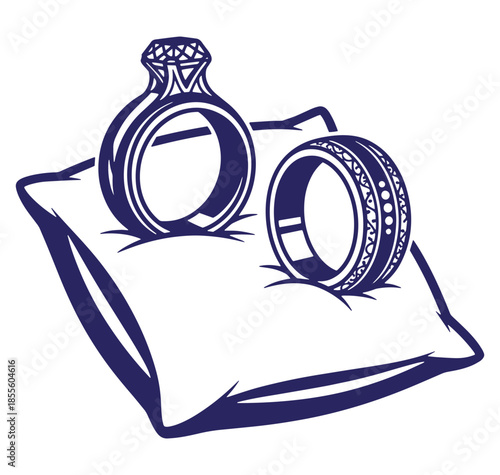 Elegant vector illustration of two wedding rings resting on a soft decorative pillow