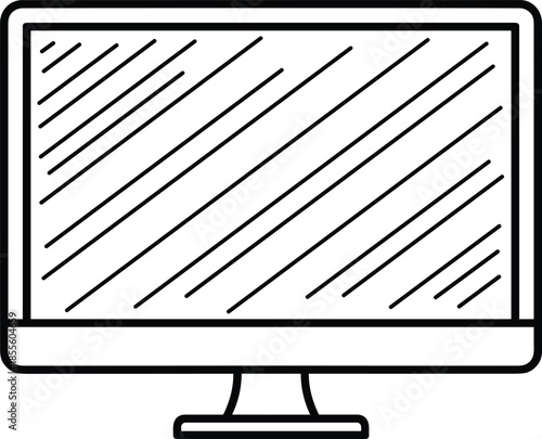 Modern desktop computer monitor vector icon with diagonal hatch shading on the screen isolated on white background for technology and workspace design.