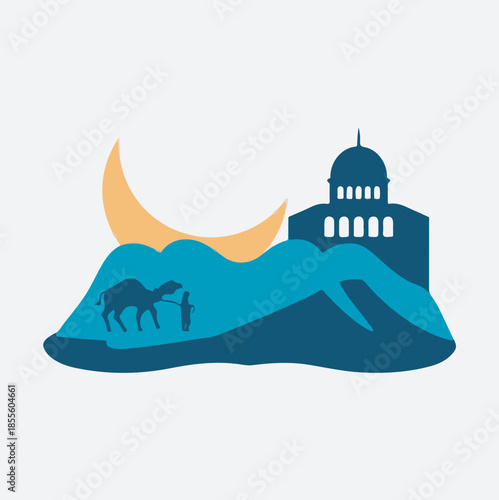 Isra Miraj Islamic Illustration with Mosque and Crescent Moon