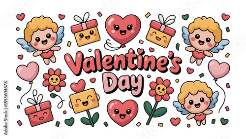 Valentine's Day Delight: A heartwarming composition of cherubic figures, charming hearts, gift boxes and blossoming flowers, radiating love and affection and is perfect for expressing affection