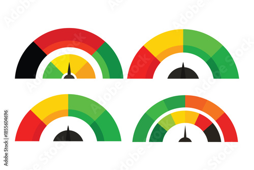 Set of Gauge Speedometer Icons for Risk Assessment and Credit Score Performance Levels