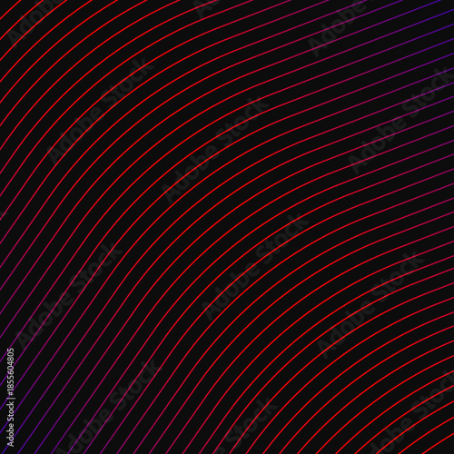 Minimal pattern of red and blue curved lines on black background for design and decoration