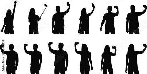 Black silhouette vector illustration of people taking selfies with smartphones and selfie sticks in diverse modern poses and orientations