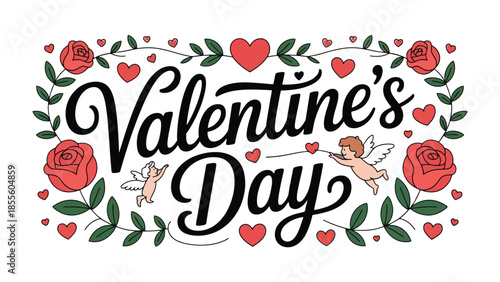 Valentine's Day design: a charming image of valentine's day theme which show valentine's day text decoration, hearts and roses, conveying an atmosphere of love and romance.
