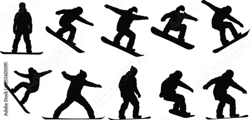 Black silhouette vector illustration of snowboarders performing dynamic tricks, jumps, stunts, and riding poses showcasing winter sports action design.